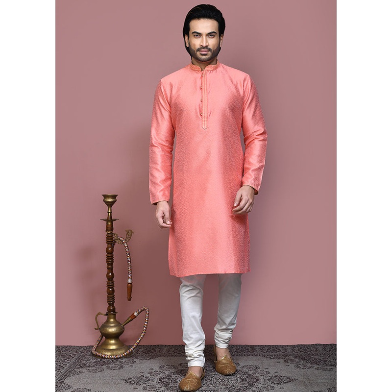 2 Pc Rust Silk Kurta Pajama Set - JD986612076