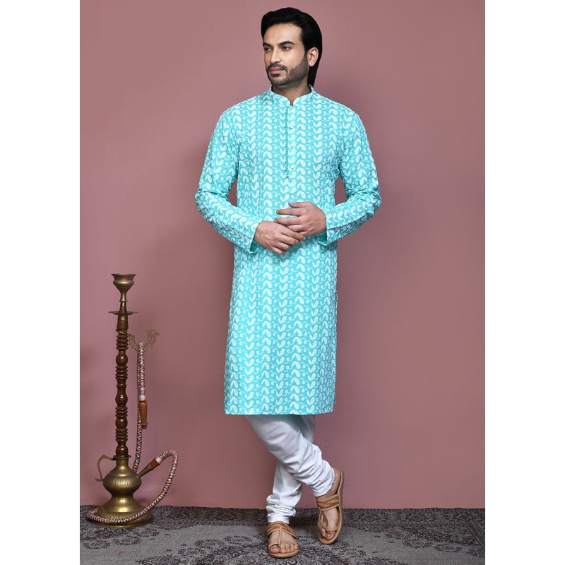 2 Pc Sea Green Cotton Kurta Pajama Set - JD986612068