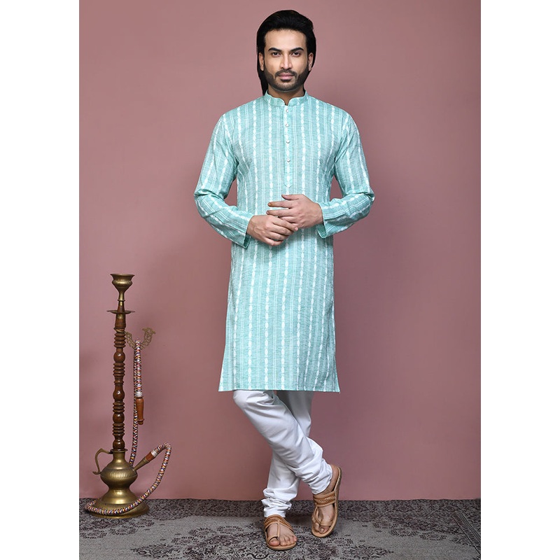 2 Pc Sea Green Cotton Kurta Pajama Set - JD986612069