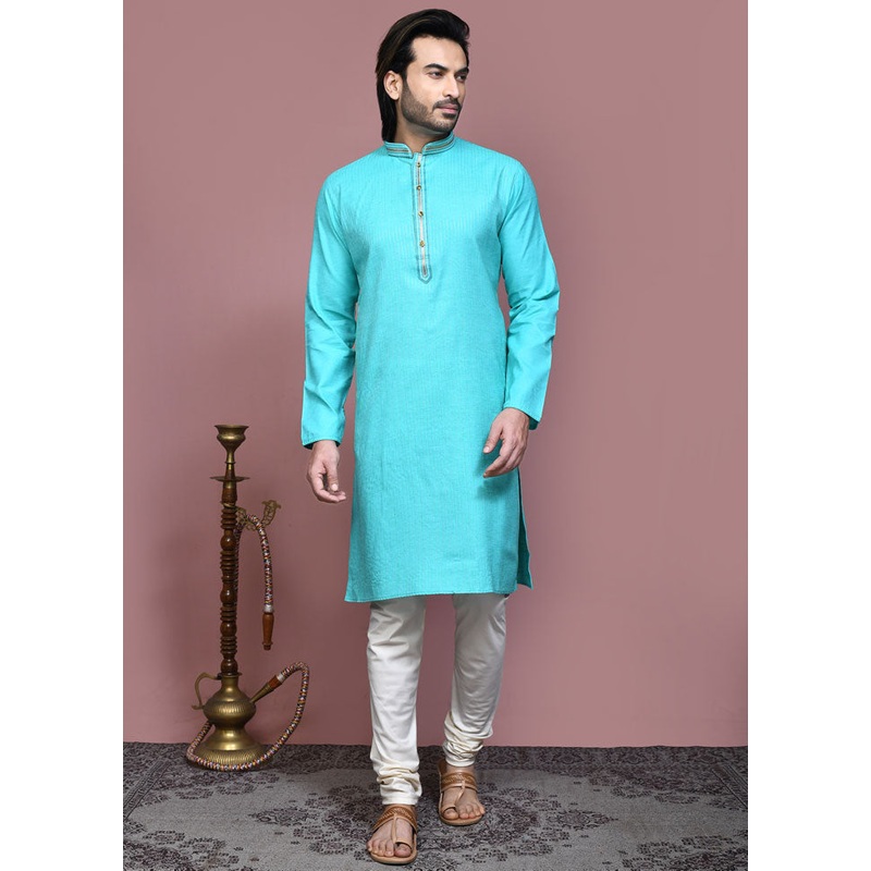 2 Pc Sea Green Cotton Kurta Pajama Set - JD986612070
