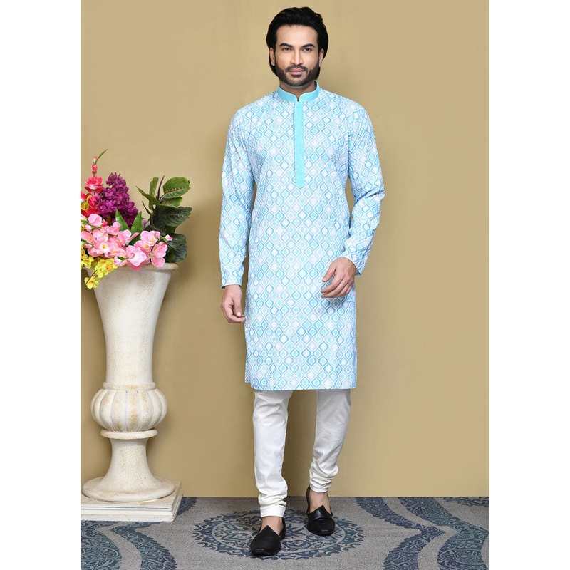 2 Pc Sea Green Cotton Kurta Pajama Set - JD986612071
