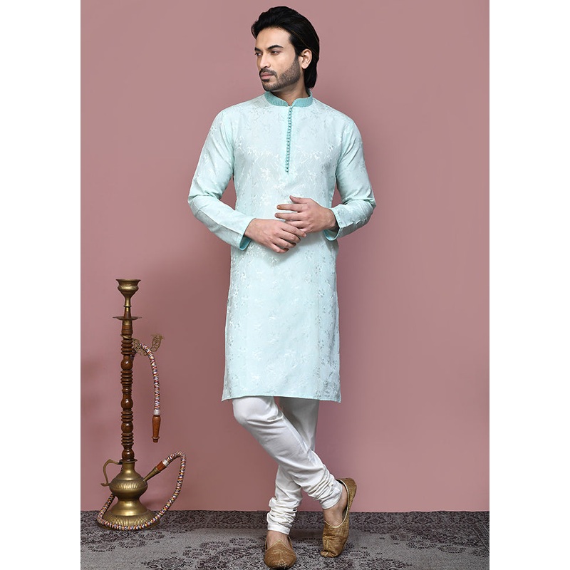 2 Pc Sea Green Silk Kurta Pajama Set - JD986612067
