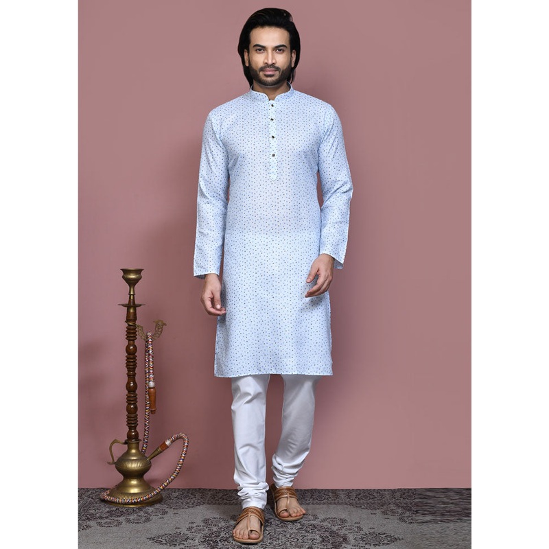 2 Pc Sky Blue Cotton Kurta Pajama Set - JD986612059