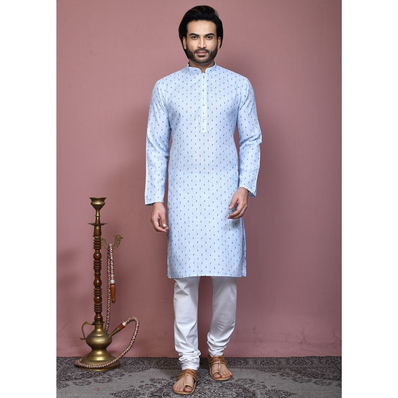 2 Pc Sky Blue Cotton Kurta Pajama Set - JD986612060