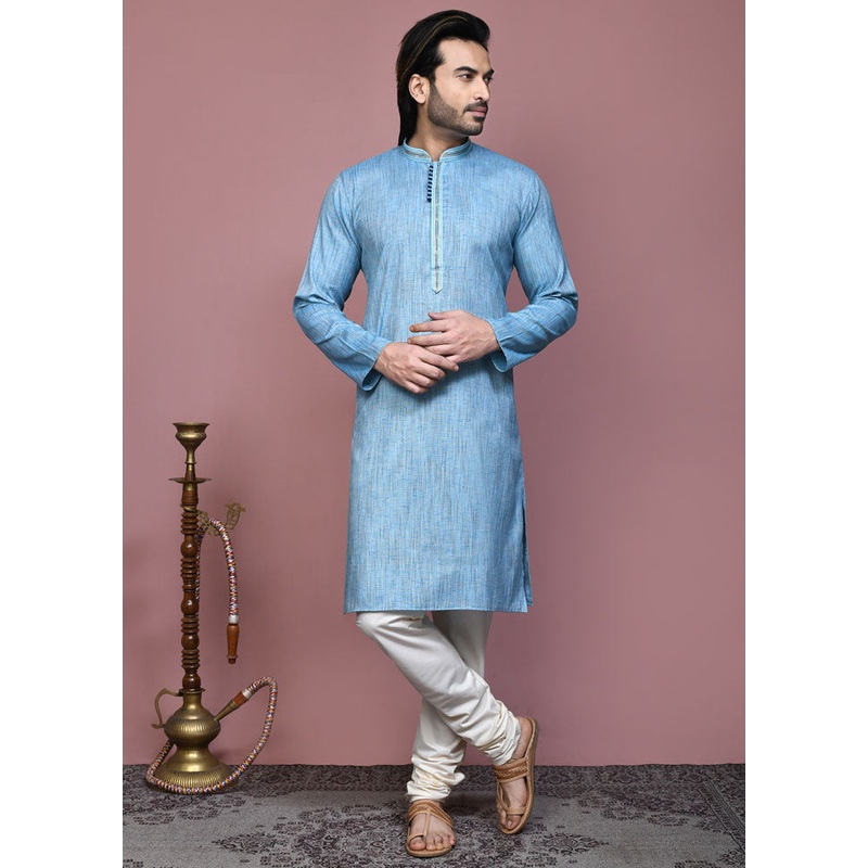 2 Pc Sky Blue Cotton Kurta Pajama Set - JD986612062