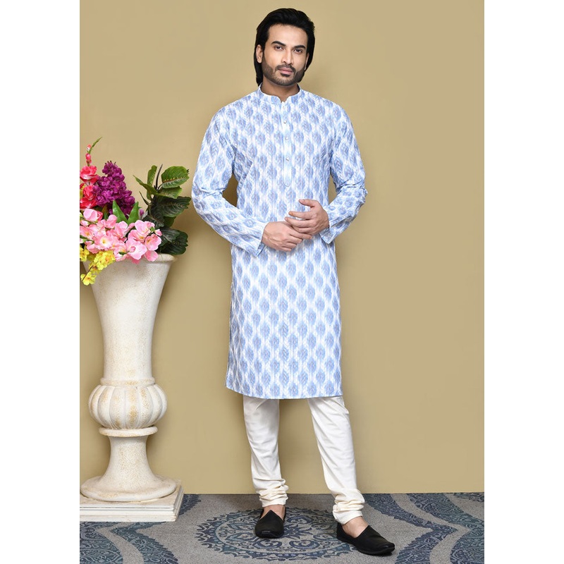 2 Pc Sky Blue Cotton Kurta Pajama Set - JD986612063