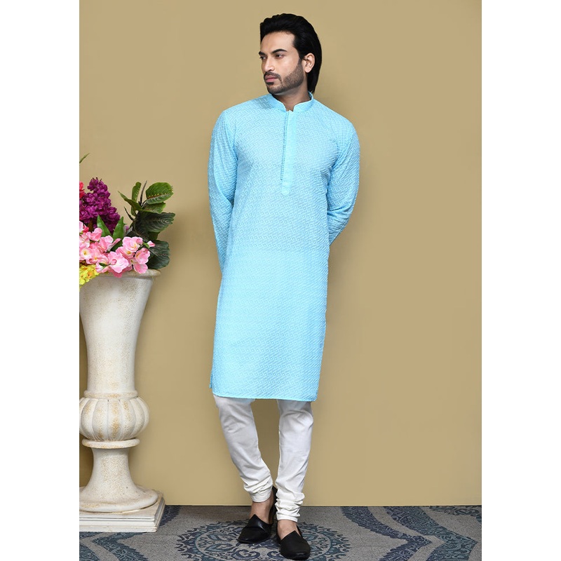2 Pc Sky Blue Cotton Kurta Pajama Set - JD986612064