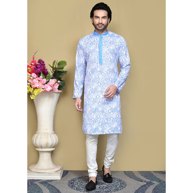 2 Pc Sky Blue Cotton Kurta Pajama Set - JD986612065