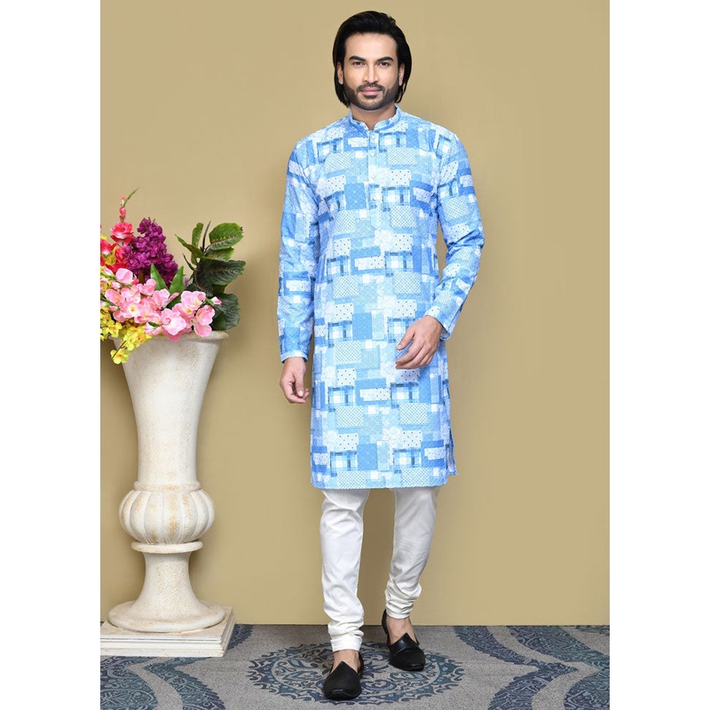 2 Pc Sky Blue Cotton Kurta Pajama Set - JD986612066