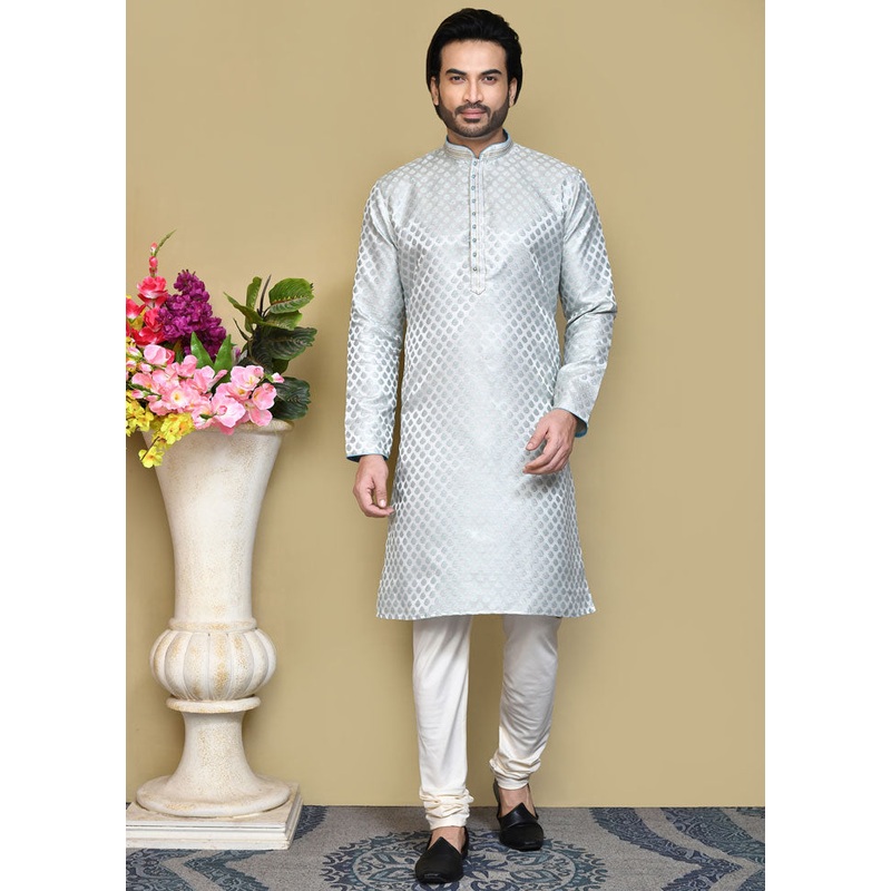 2 Pc Sky Blue Silk Kurta Pajama Set - JD986612058