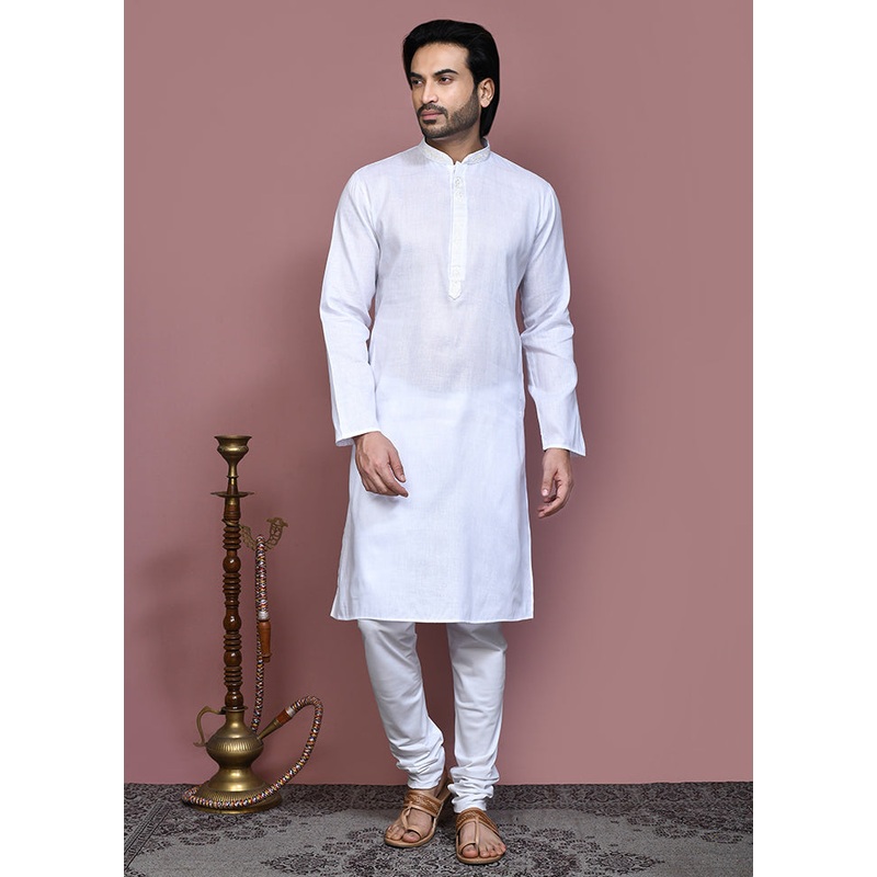 2 Pc White Cotton Kurta Pajama Set - JD986612057