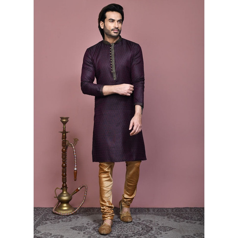2 Pc Wine Cotton Kurta Pajama Set - JD986612056