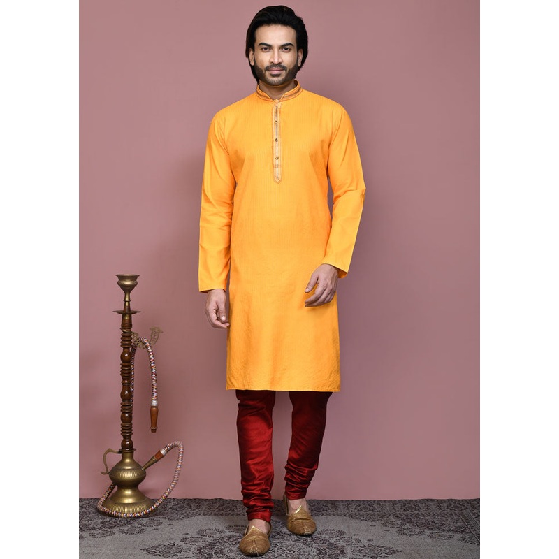 2 Pc Yellow Cotton Kurta Pajama Set - JD986612053