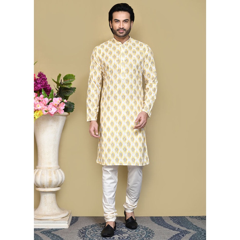 2 Pc Yellow Cotton Kurta Pajama Set - JD986612054