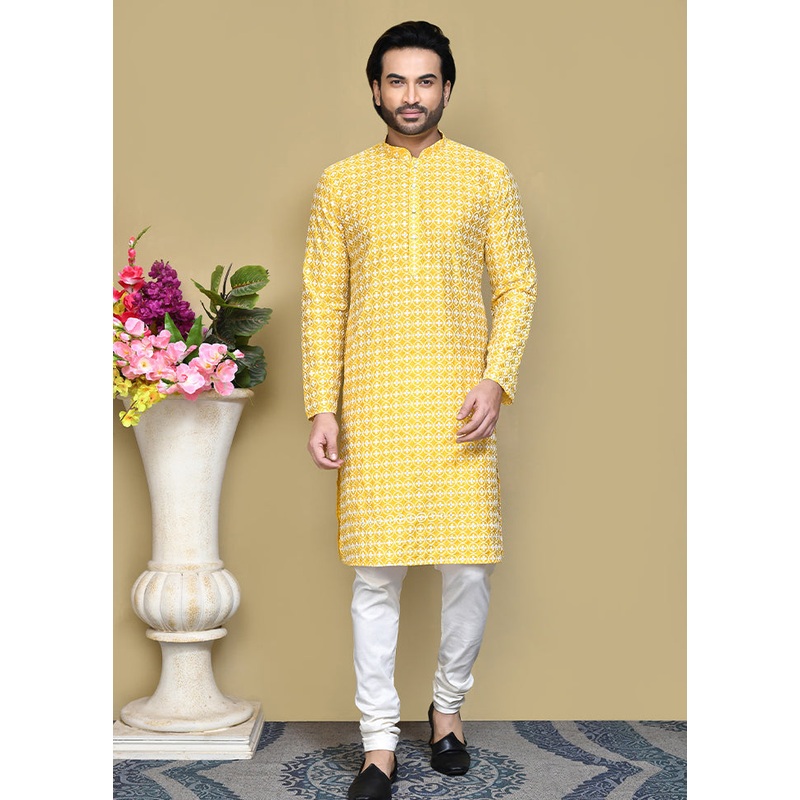 2 Pc Yellow Cotton Kurta Pajama Set - JD986612055