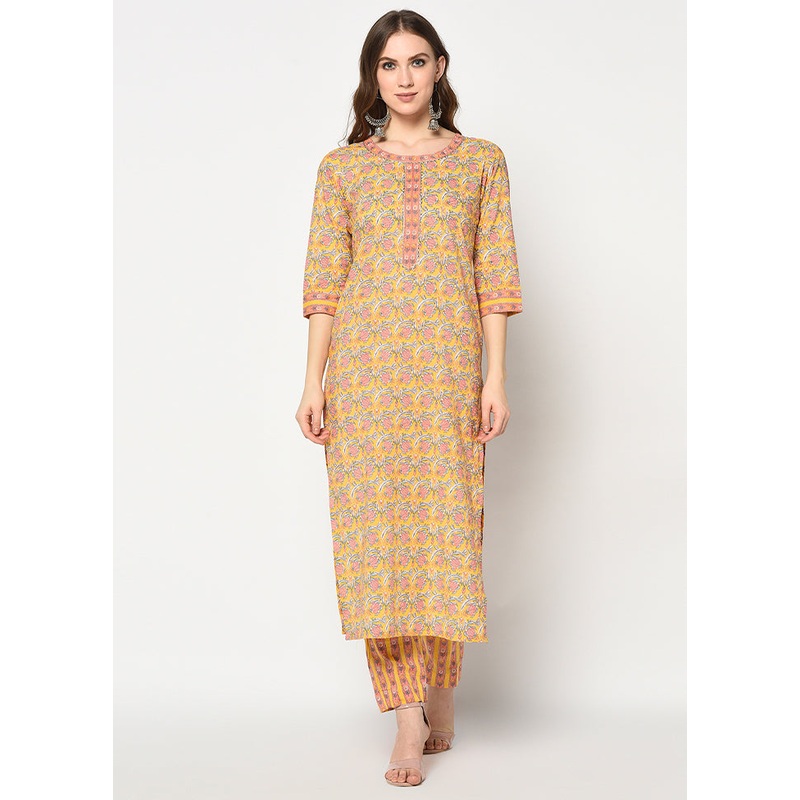 2 Pc Yellow Pure Readymade Cotton Kurti Set - JD986611901