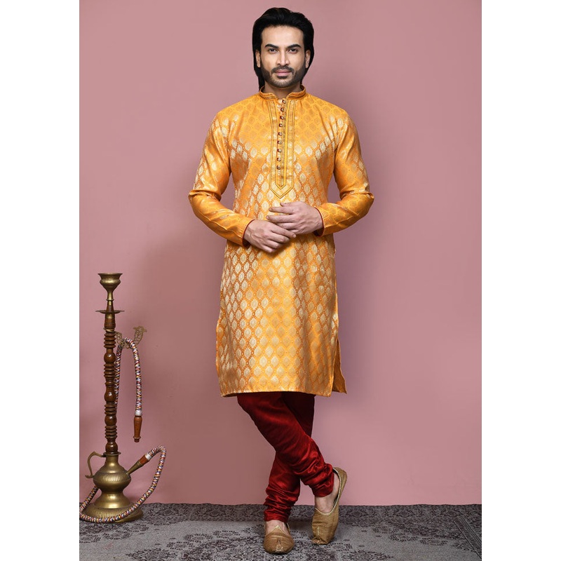 2 Pc Yellow Silk Kurta Pajama Set - JD986612048