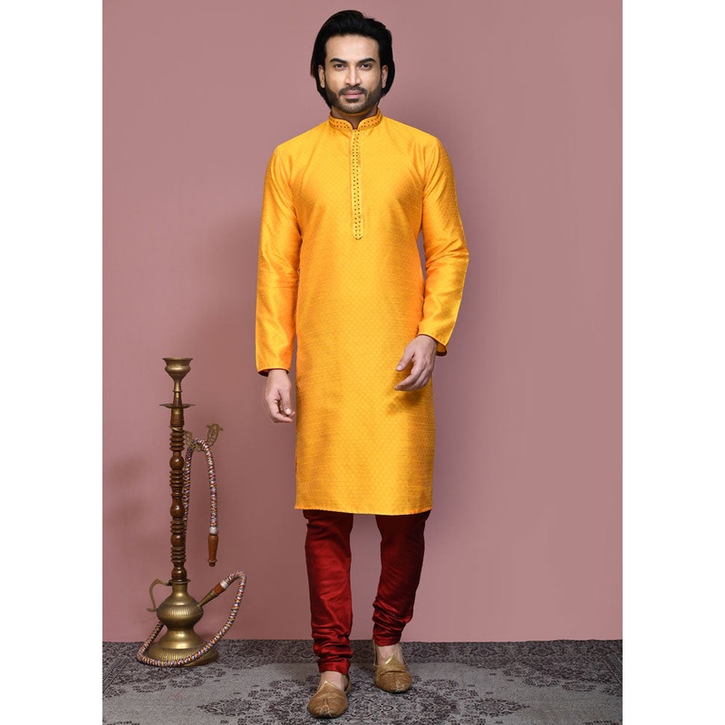 2 Pc Yellow Silk Kurta Pajama Set - JD986612049