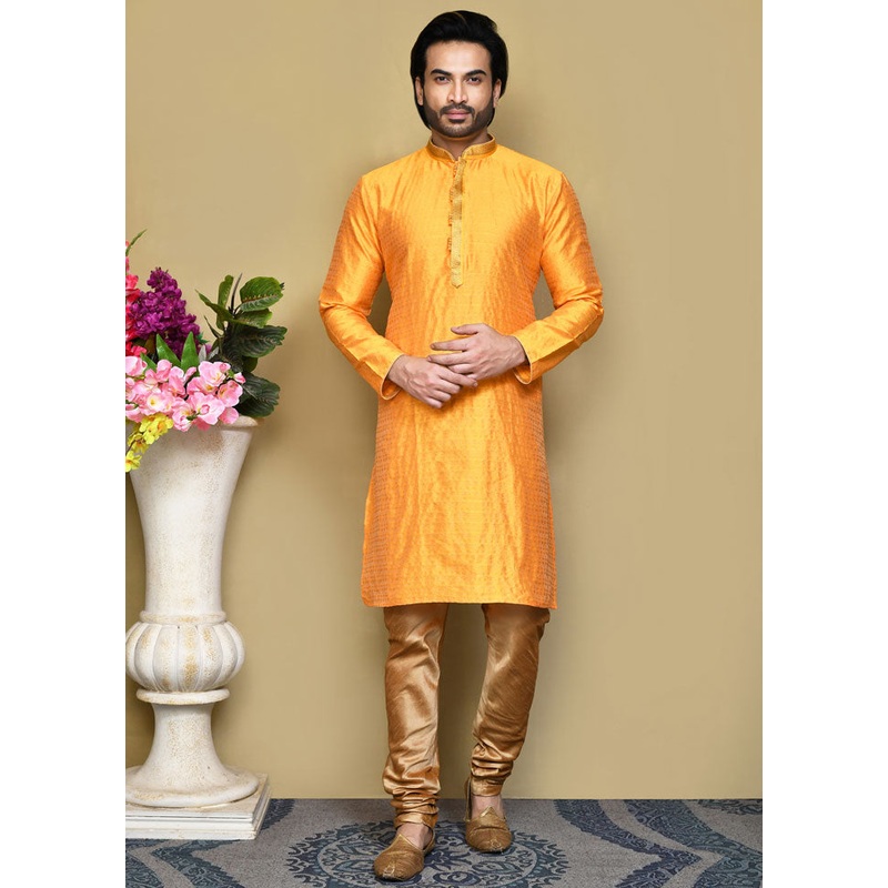 2 Pc Yellow Silk Kurta Pajama Set - JD986612050