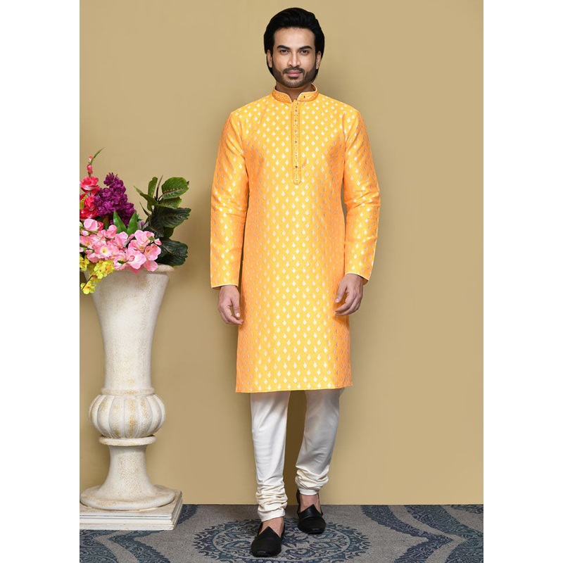 2 Pc Yellow Silk Kurta Pajama Set - JD986612051