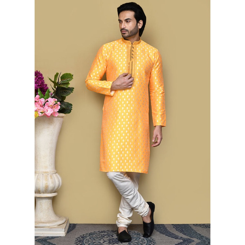 2 Pc Yellow Silk Kurta Pajama Set - JD986612052