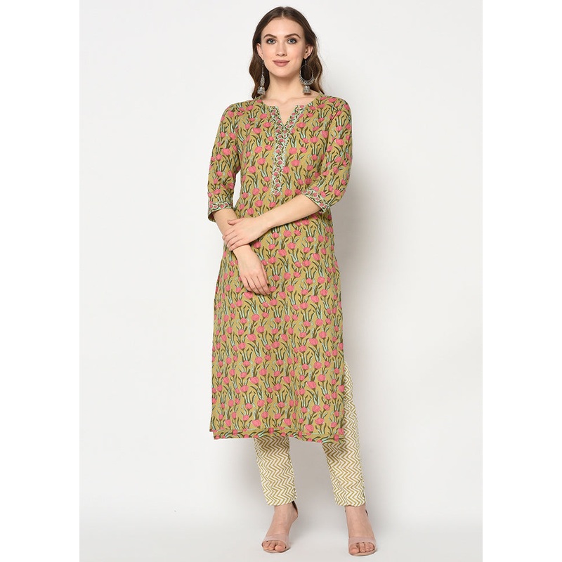 3 Pc Green Pure Readymade Cotton Suit Set - JD986611899