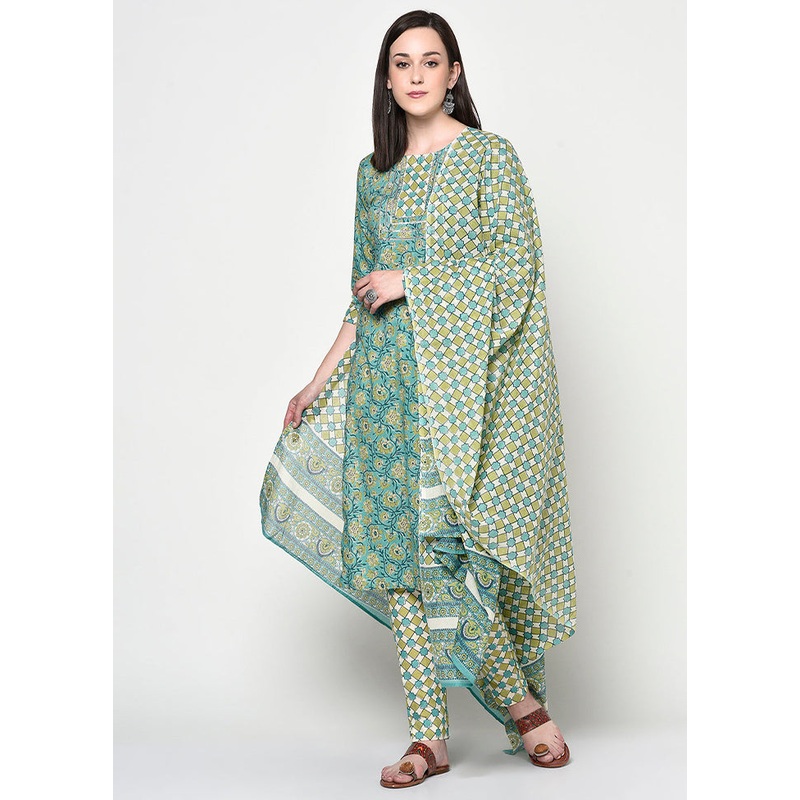 3 Pc Green Pure Readymade Cotton Suit Set - JD986611900