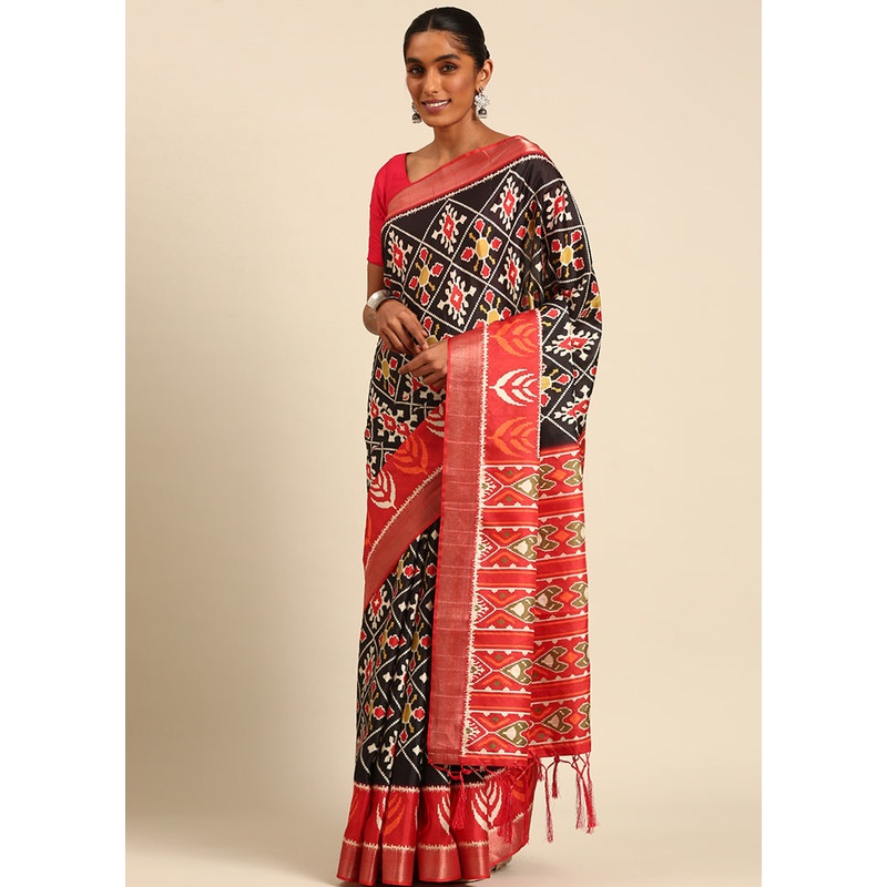 Black Cotton Saree With Blouse Piece - JD986611933
