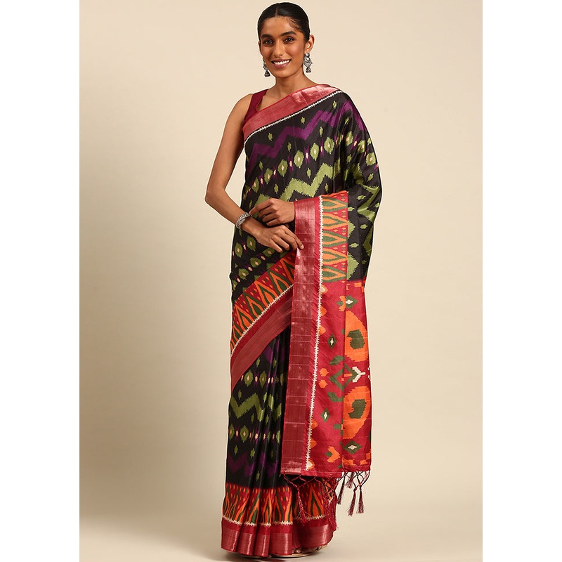 Black Cotton Saree With Blouse Piece - JD986611934