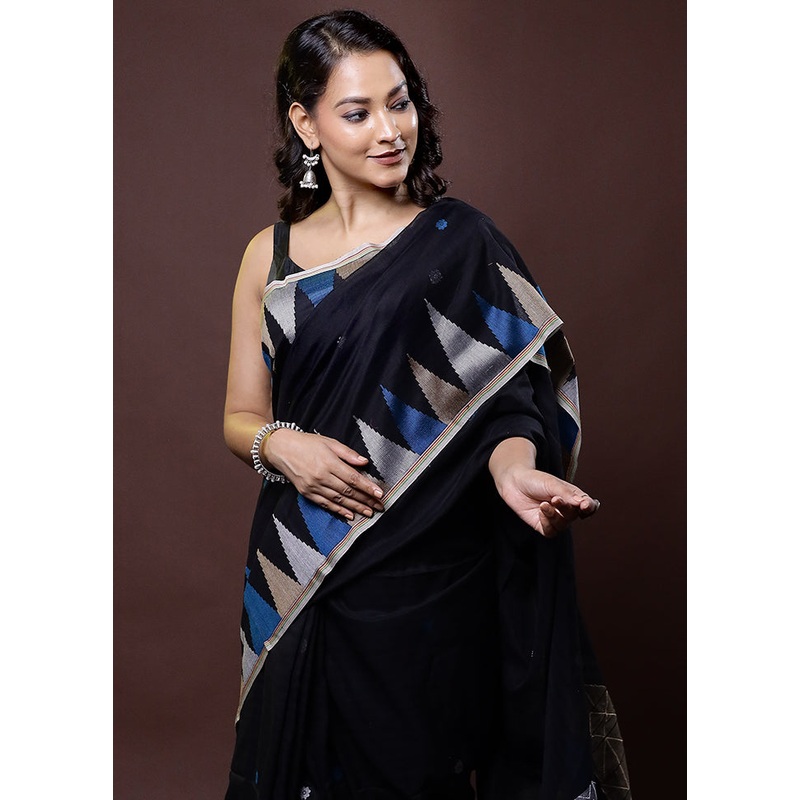 Black Cotton Saree With Blouse Piece - JD986612047