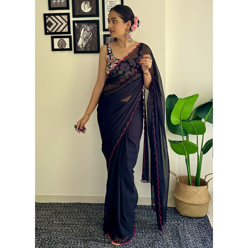 Black Georgette Saree With Blouse Piece - JD986611932