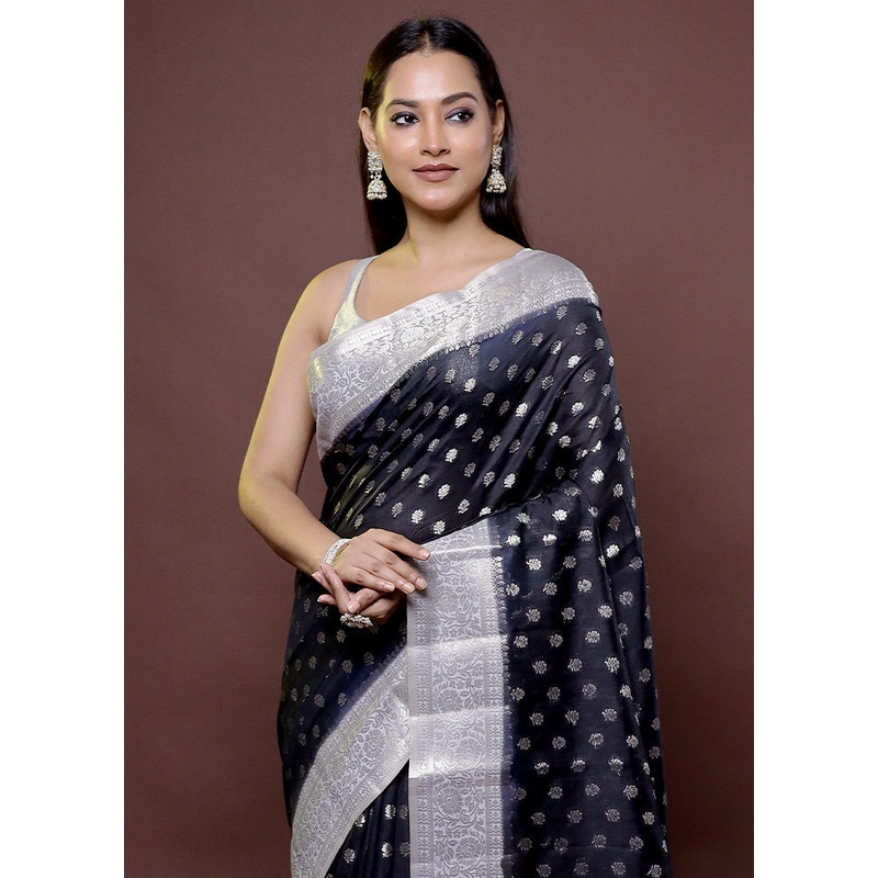 Black Handloom Dupion Pure Silk Saree With Blouse Piece - JD986611894