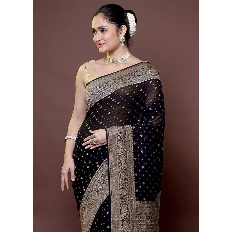 Black Handloom Pure Georgette Saree With Blouse Piece - JD986612019