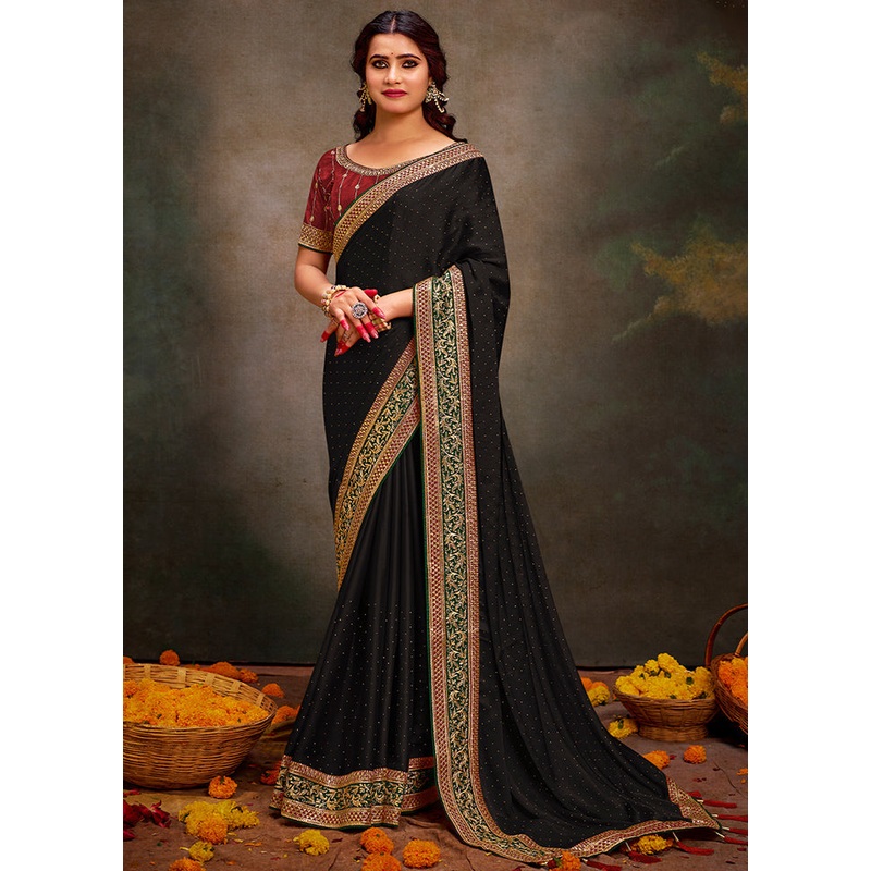 Black Satin Silk Saree With Blouse Piece - JD986611931