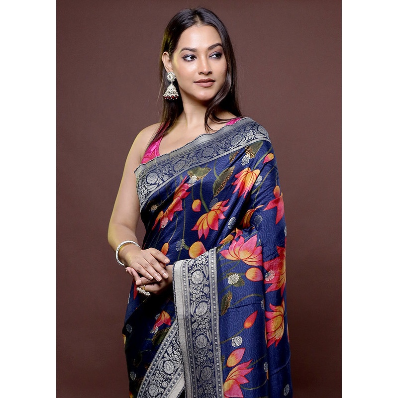 Blue Chanderi Cotton Saree With Blouse Piece - JD986611891