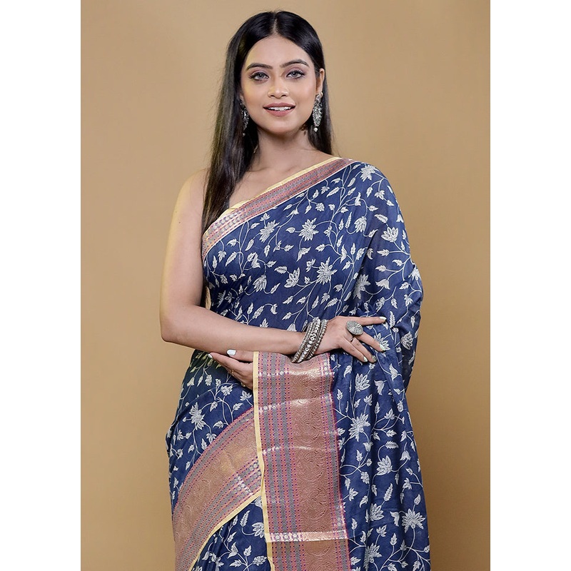 Blue Chanderi Cotton Saree With Blouse Piece - JD986611958