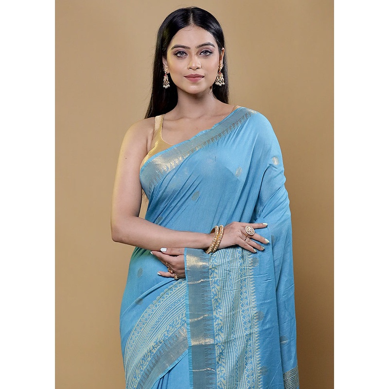 Blue Chanderi Cotton Saree With Blouse Piece - JD986611959