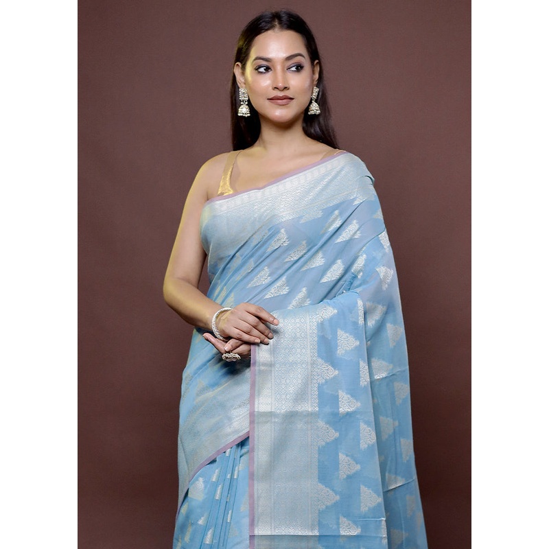 Blue Cotton Saree With Blouse Piece - JD986611890