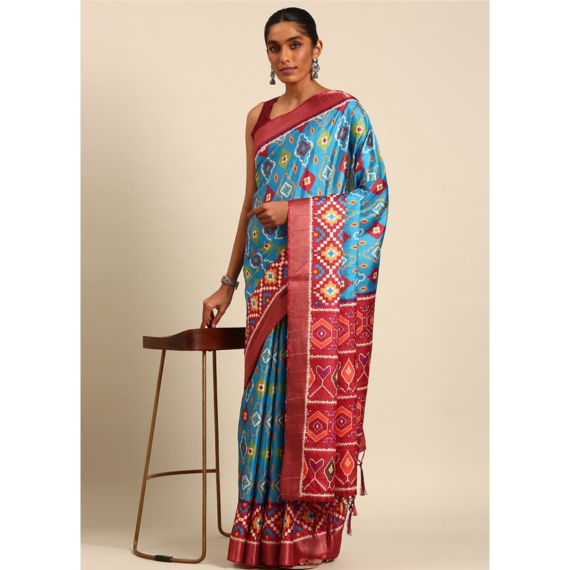 Blue Cotton Saree With Blouse Piece - JD986611928
