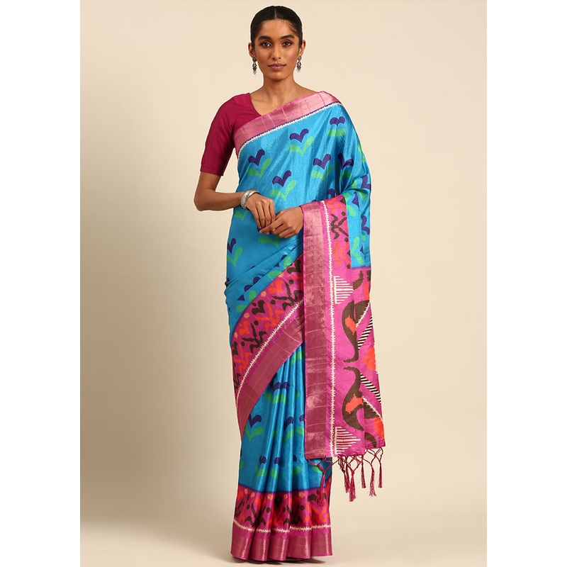 Blue Cotton Saree With Blouse Piece - JD986611930
