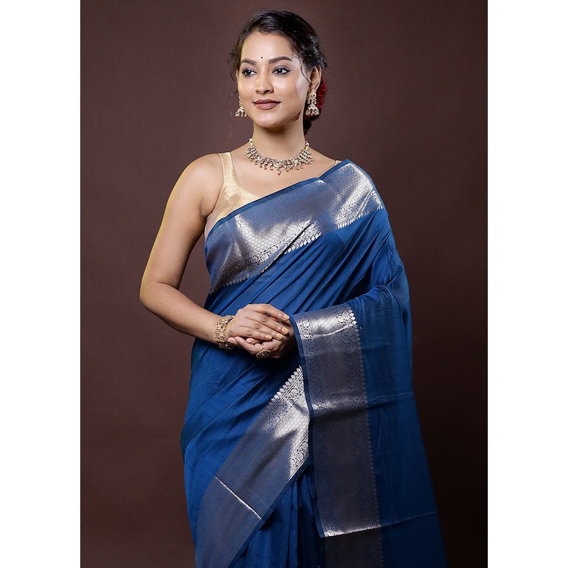 Blue Cotton Saree With Blouse Piece - JD986612046
