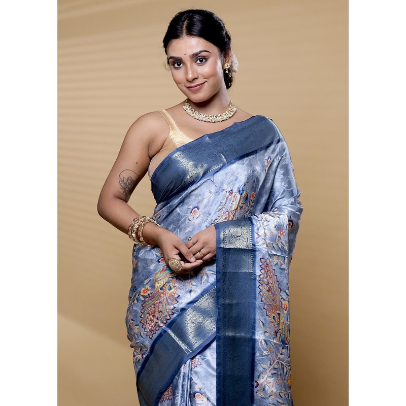 Blue Dupion Silk Saree With Blouse Piece - JD986611991