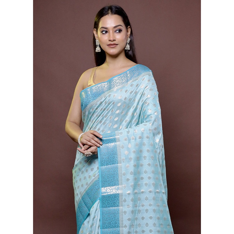 Blue Handloom Dupion Pure Silk Saree With Blouse Piece - JD986611887