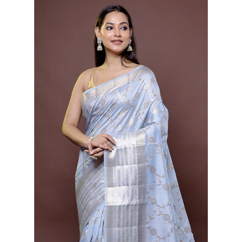 Blue Handloom Dupion Pure Silk Saree With Blouse Piece - JD986611888