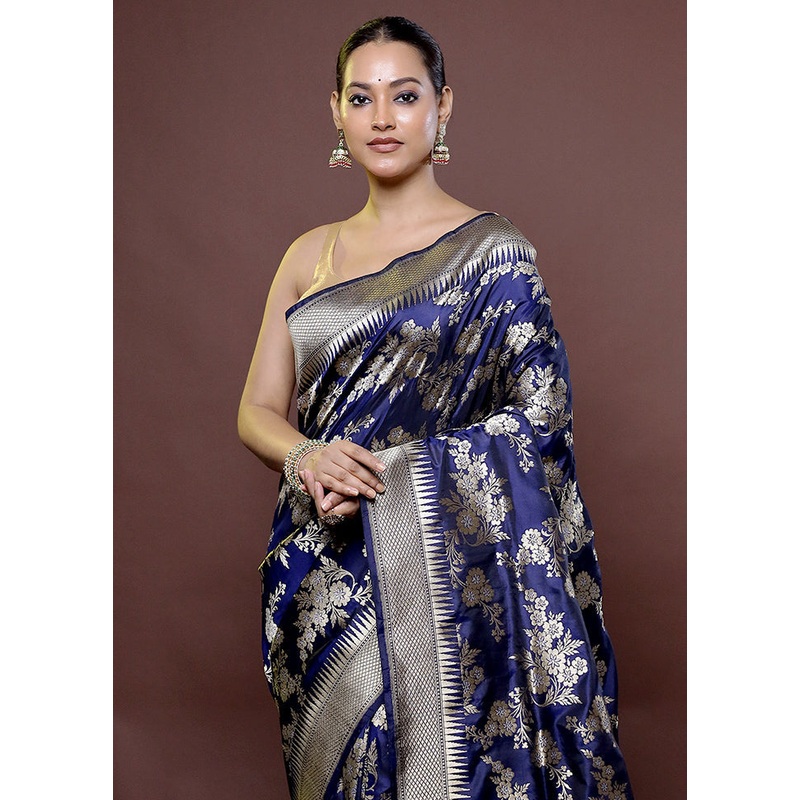 Blue Handloom Katan Pure Silk Saree With Blouse Piece - JD986611886
