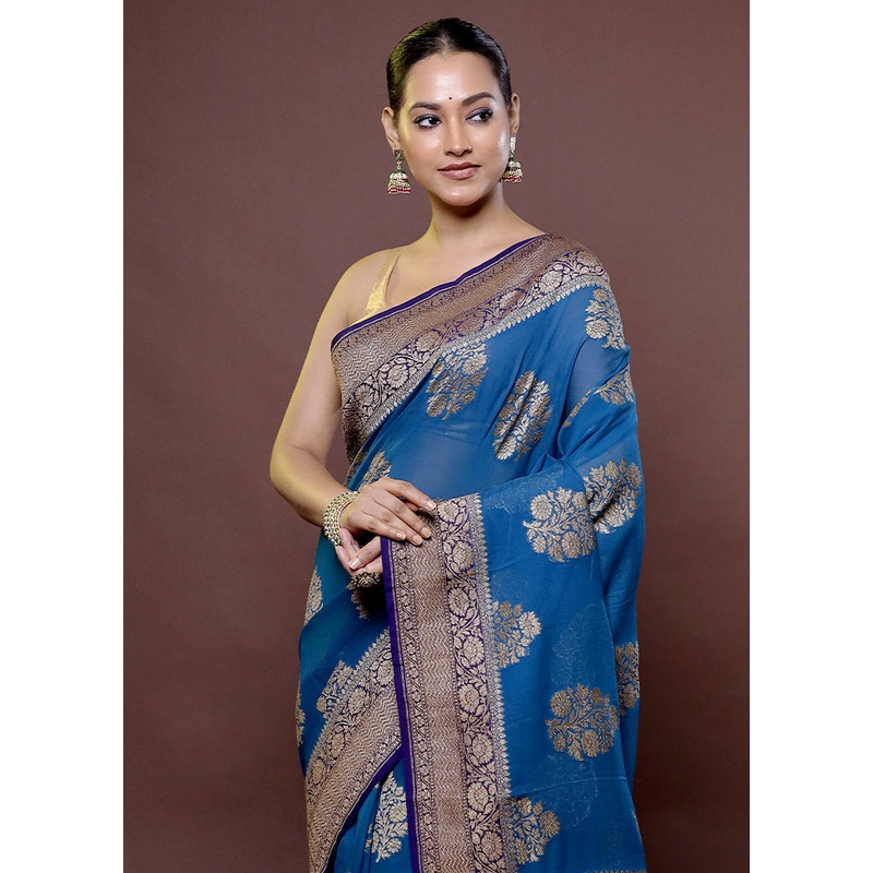Blue Handloom Pure Georgette Saree With Blouse Piece - JD986611885
