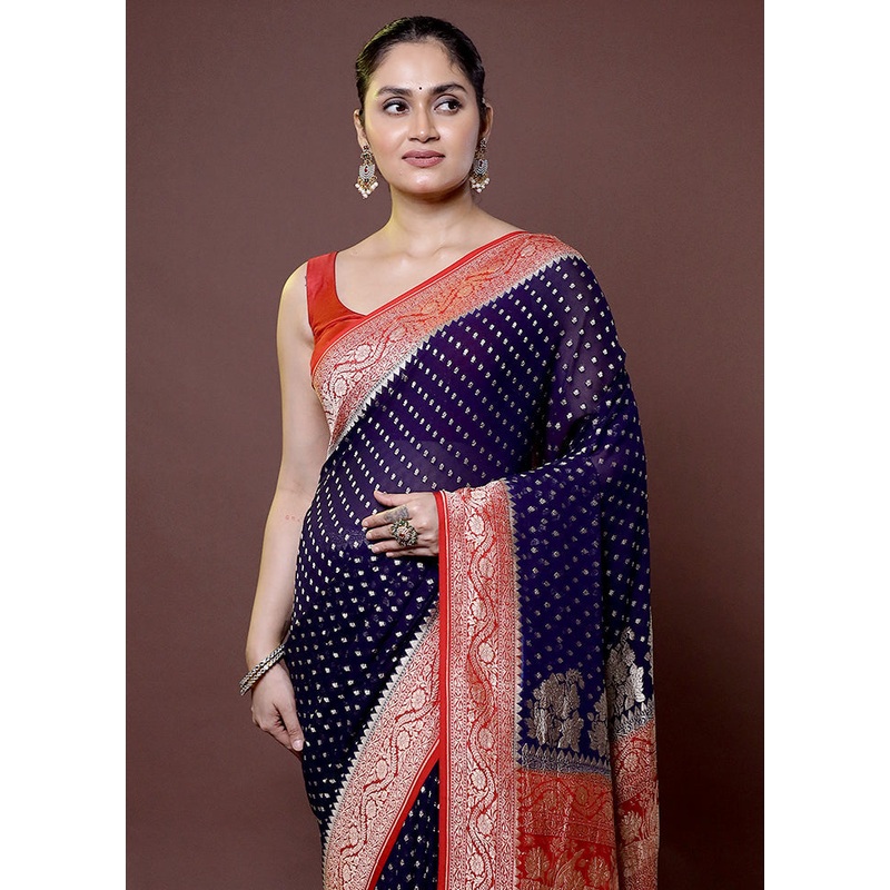 Blue Handloom Pure Georgette Saree With Blouse Piece - JD986612015