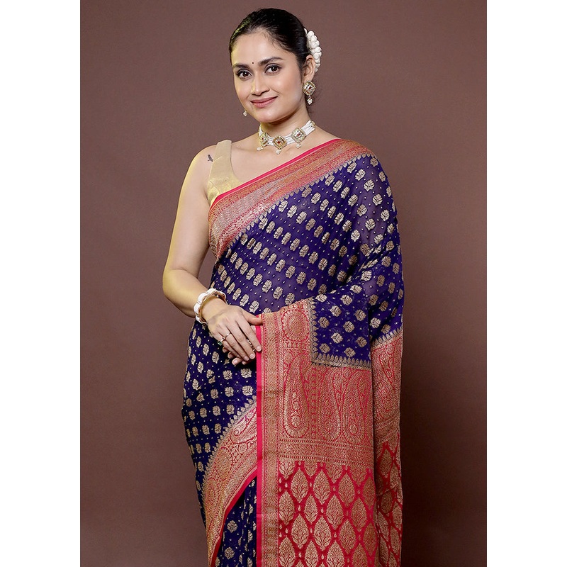 Blue Handloom Pure Georgette Saree With Blouse Piece - JD986612016
