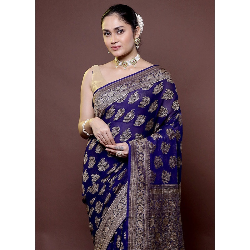 Blue Handloom Pure Georgette Saree With Blouse Piece - JD986612017