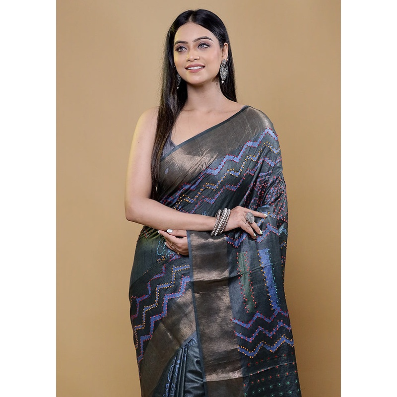 Blue Handloom Tussar Pure Silk Saree With Blouse Piece - JD986611956